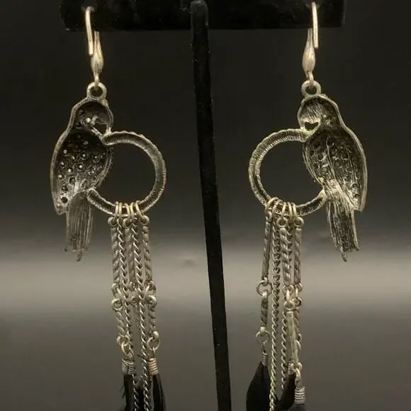 Parrot Black Feather Chandelier Dangle Statement Earrings Rhinestone Chain Link - Picture 7 of 11